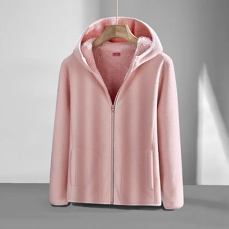 秋冬季宽松大码加厚双面保暖户外休闲情侣款连帽加绒抓绒衣