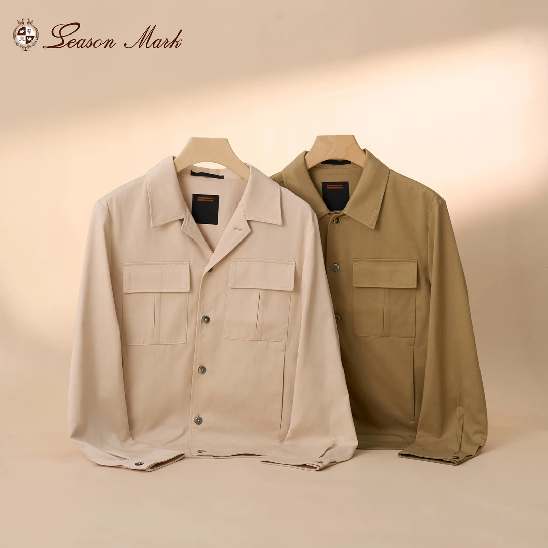 SEASONMARK秋季新款老钱风衬衫夹克百搭混纺贴布口袋休闲宽松外套