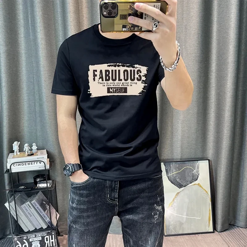 男T涂鸦字母印花夏款时尚短袖t桖男青年韩版修身潮流丝光棉T恤衫