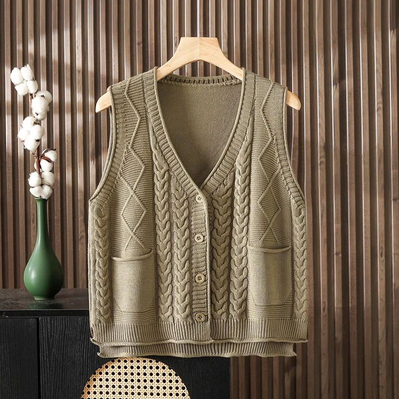 小个子短款春秋V领针织开衫马甲女外搭叠穿坎肩时髦宽松马夹毛衣