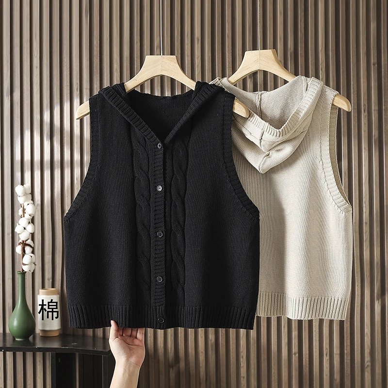 时髦连帽针织棉线马甲背心女士秋季新款休闲百搭宽松坎肩纯色马夹