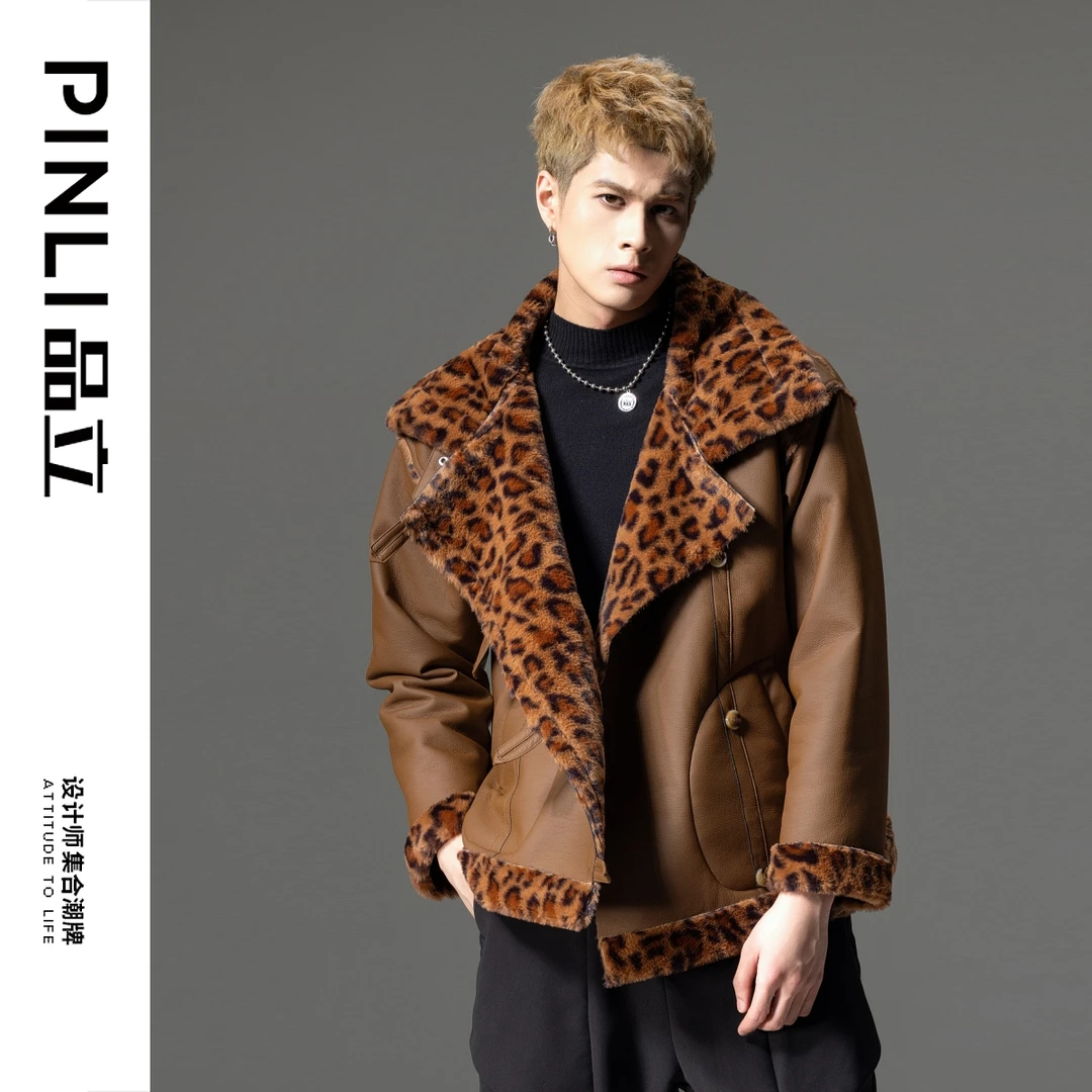 【PINLI品立】冬季男士翻领双面穿PU皮衣豹纹夹克外套上衣B233105