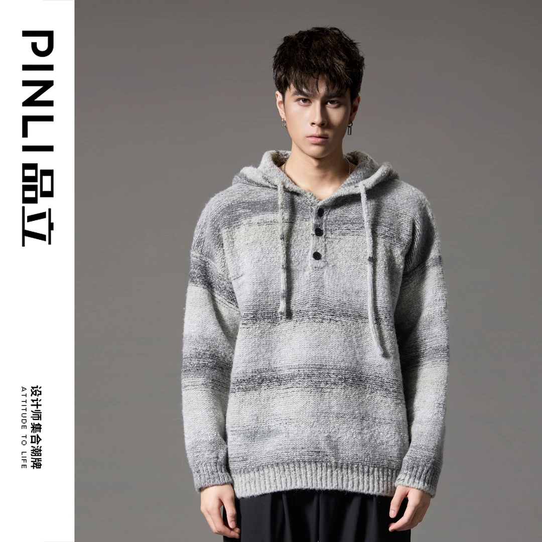 【PINLI品立】秋季撞色连帽针织衫男复古休闲宽松毛衣GD243110310