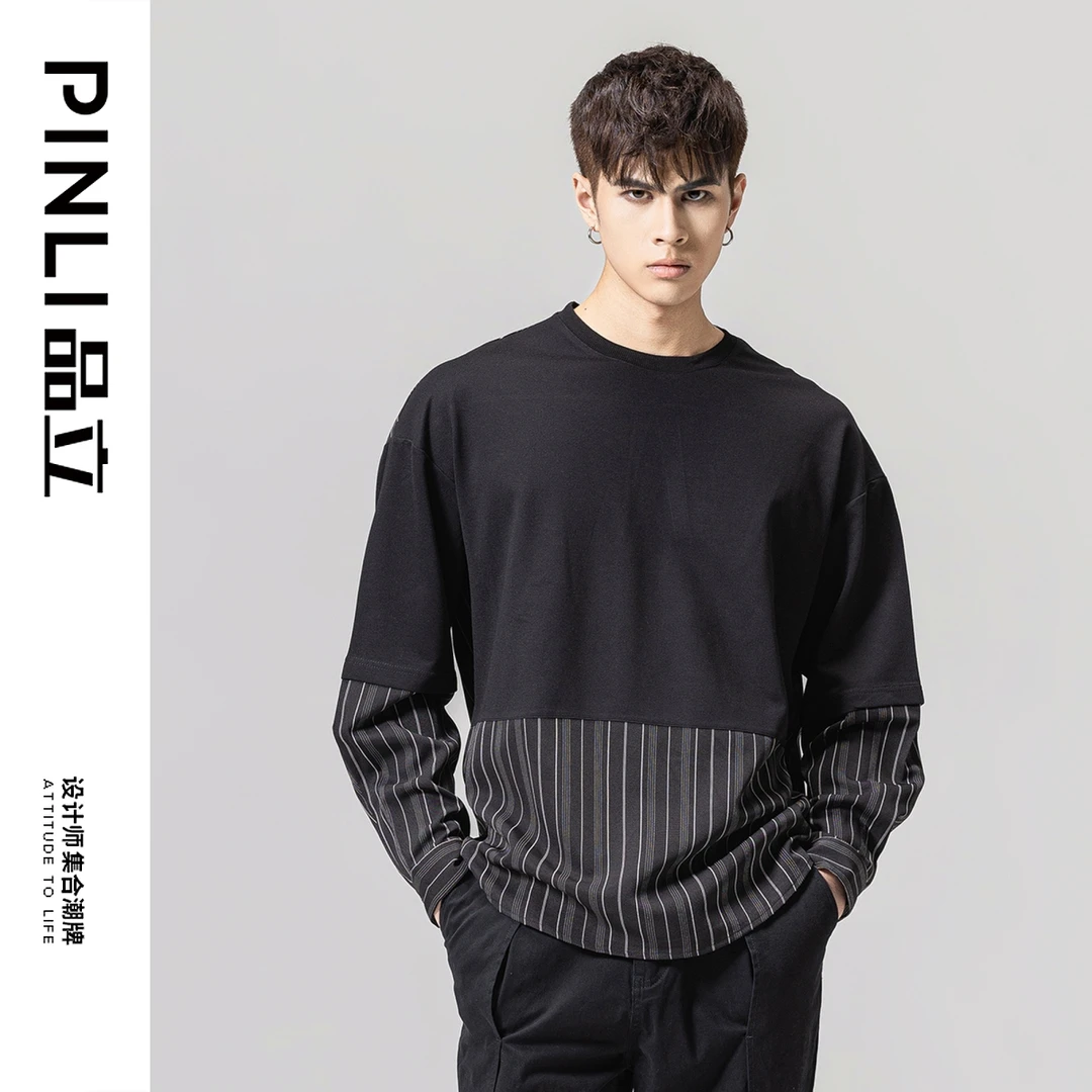 PINLI品立秋冬新款拼接条纹长袖T恤上衣打底衫男士体恤B223111077