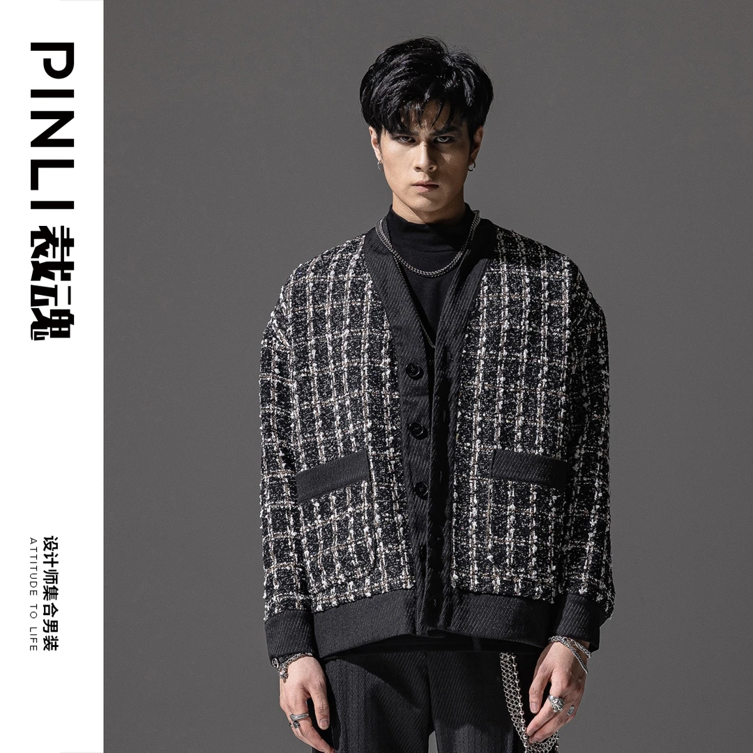 PINLI品立秋季新款撞色格纹小香风夹克外套无领茄克BC223104022
