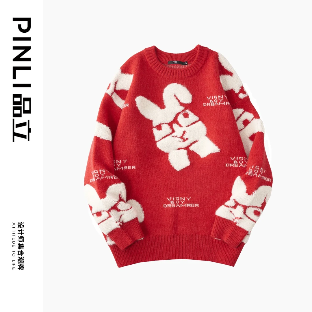 PINLI品立秋季圆领兔子提花针织衫毛衣GD223510589