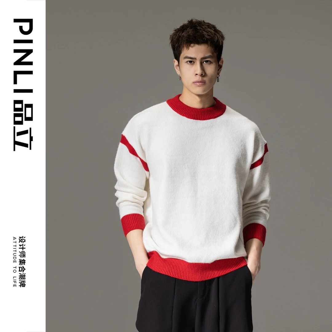 【PINLI品立】秋季撞色圆领针织衫男士红色套头休闲毛衣GD243110189