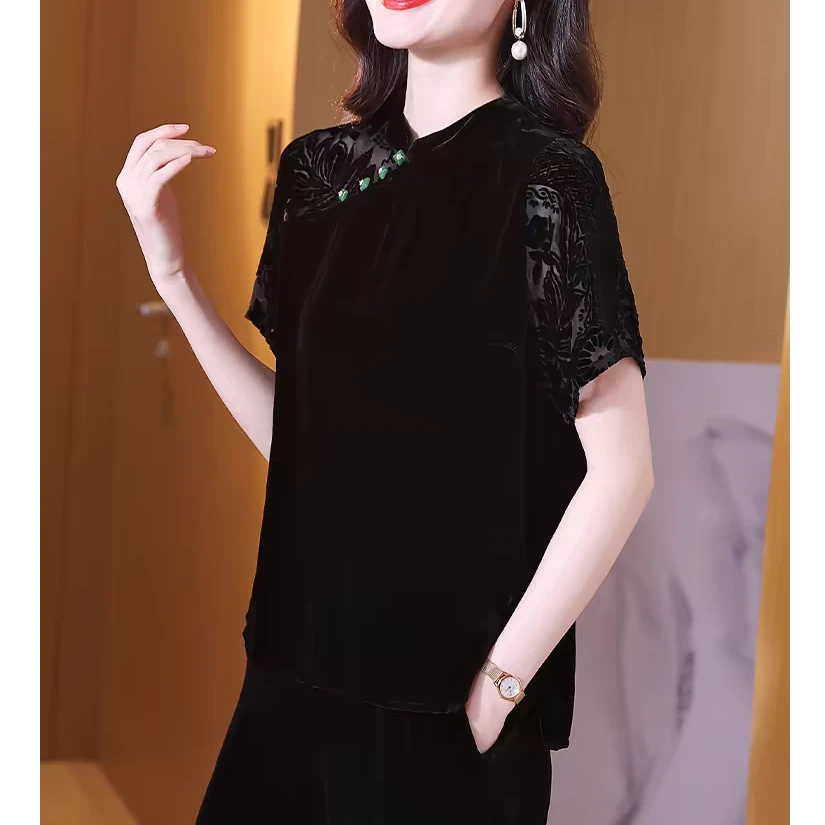 黑色高级优雅真丝丝绒气质上衣女夏中式拼接老钱风新款皮夹克女