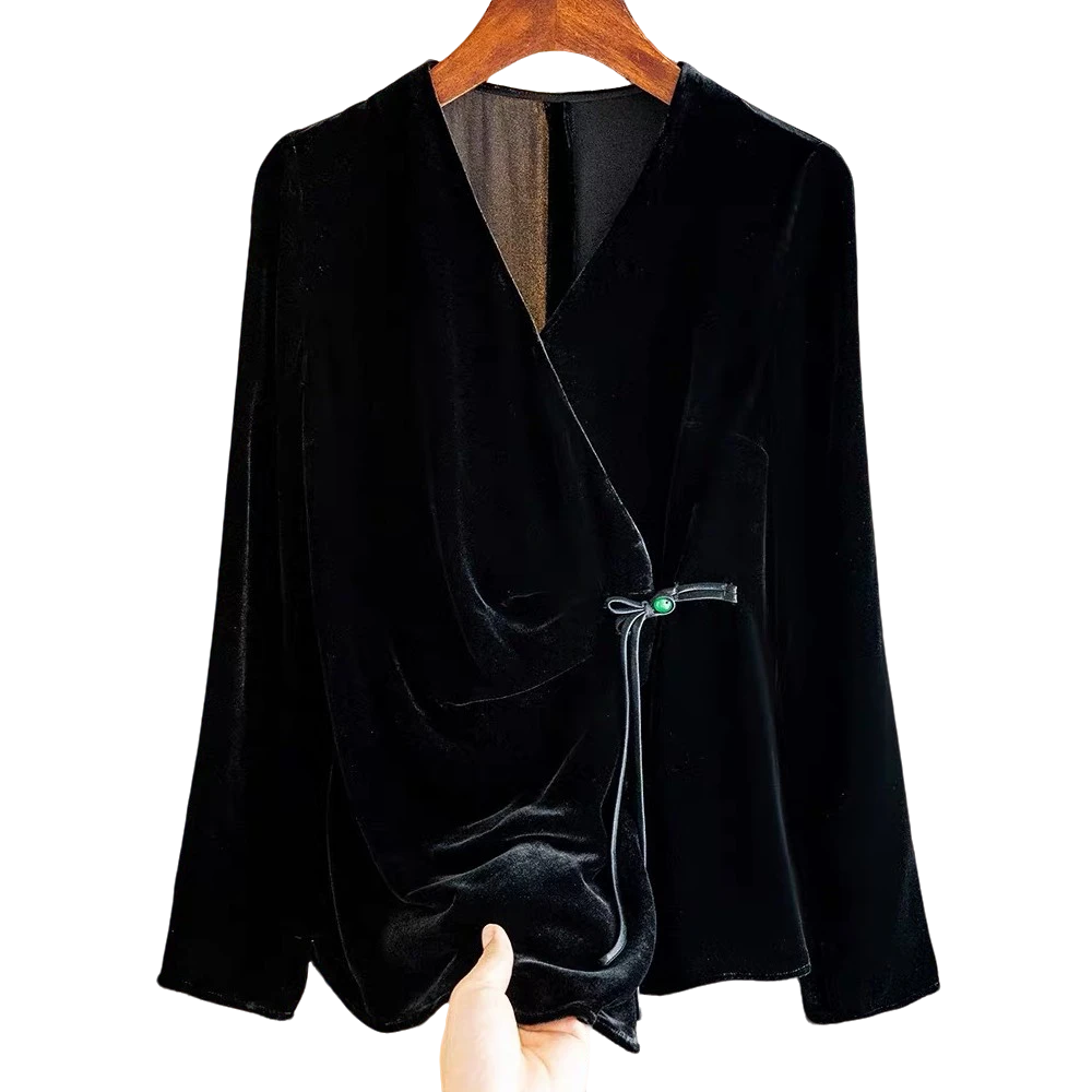 优雅复古真丝丝绒衬衫女2025春季新品轻国风V领订珠盘扣流苏上衣