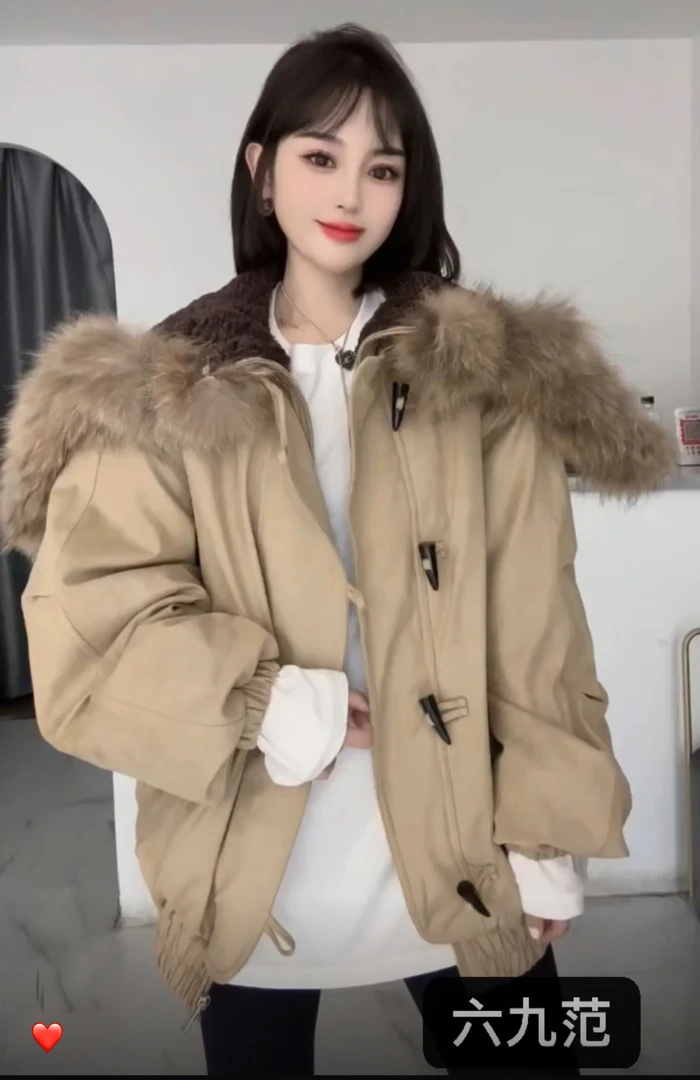 2024冬季新款欧货英伦风两穿大毛领翻领连帽休闲百搭大款棉服