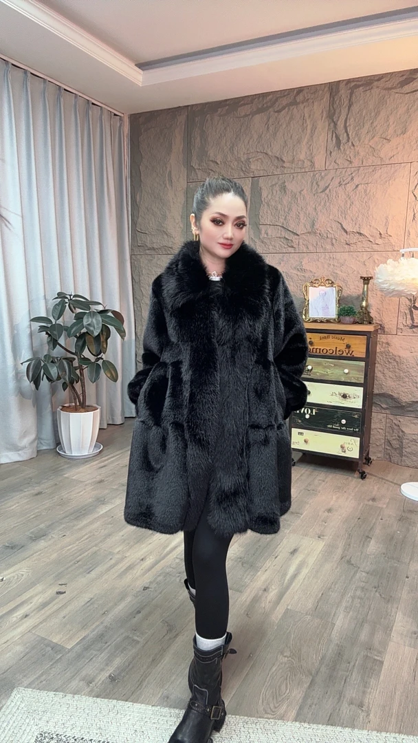 【HAS】冬季女士黑色气质休闲时尚宽松长款设计师秋冬保暖外套女款