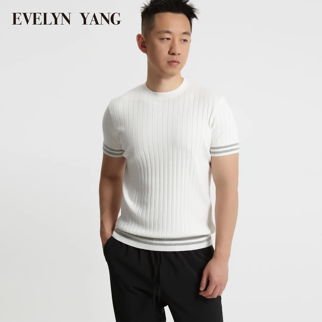 EVELYN YANG男士夏季新品BC哈佛匹竖条纹圆领纯色短袖T恤