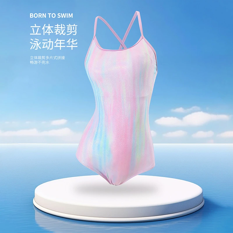 新款闪耀彩虹系小众时尚显瘦大包臀低开叉固定杯美背连体三角泳衣