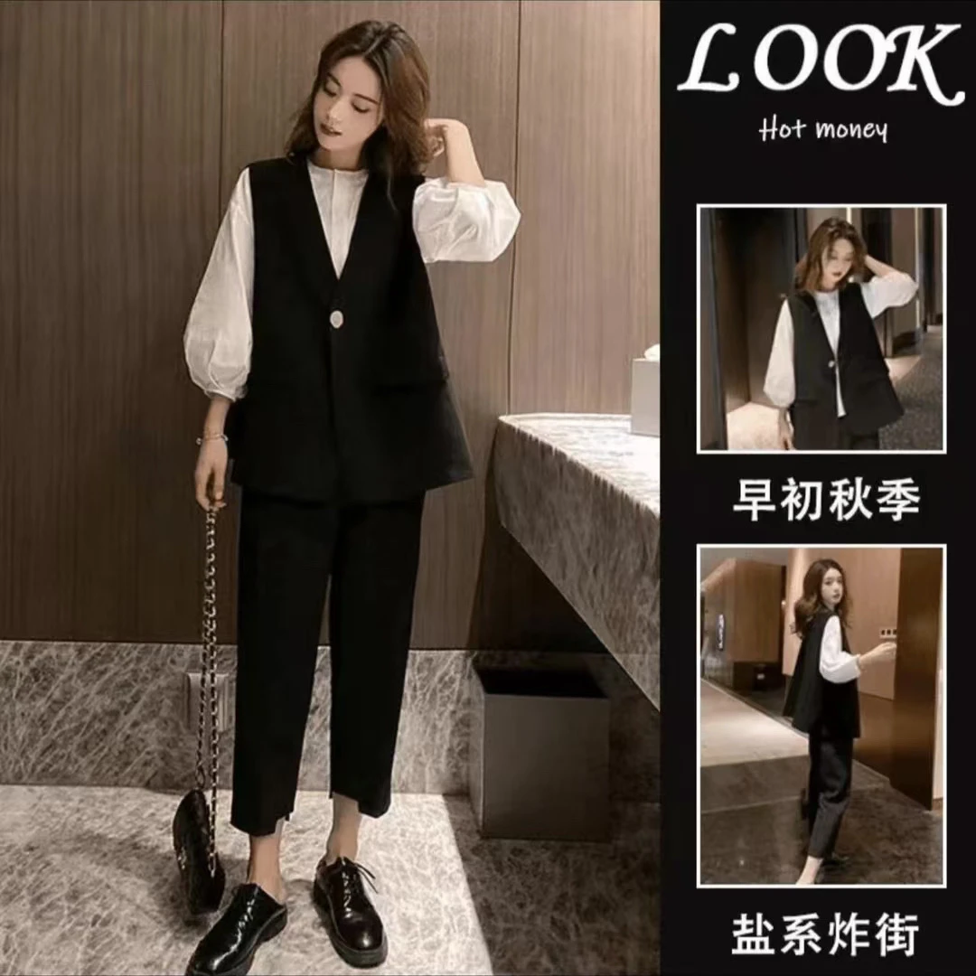1307-2024年早秋新款时尚韩版胖MM显瘦马甲+衬衫+裤子真三件套