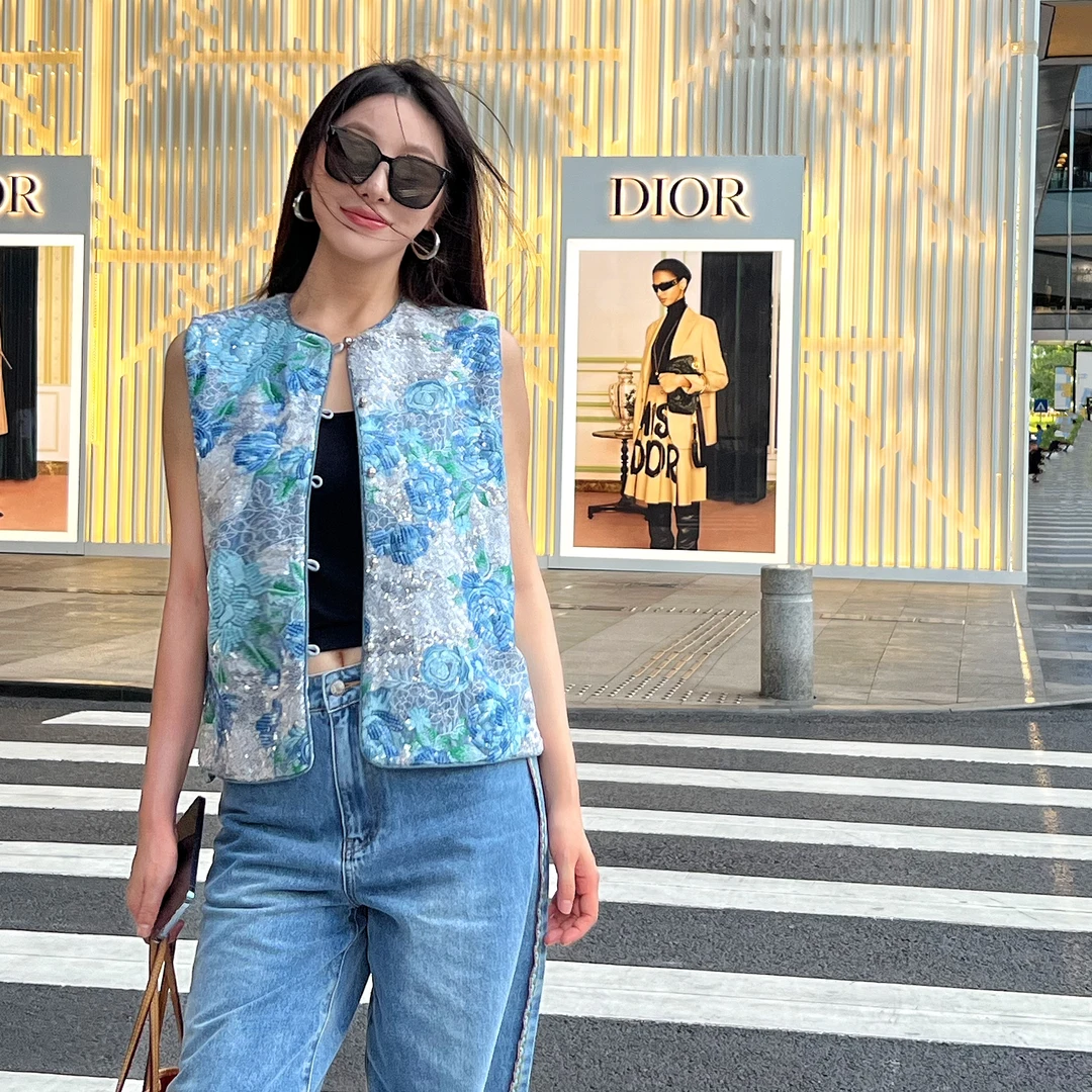 1店【未时梦】珠光牛仔 新中式中国风简约百搭珠片刺绣牛仔马甲上衣