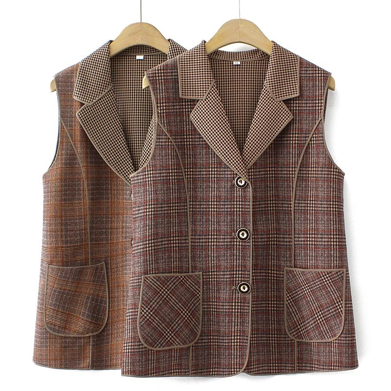 时尚新款中老年人女妈妈装马甲大码春夏休闲坎肩春秋格子马夹背心