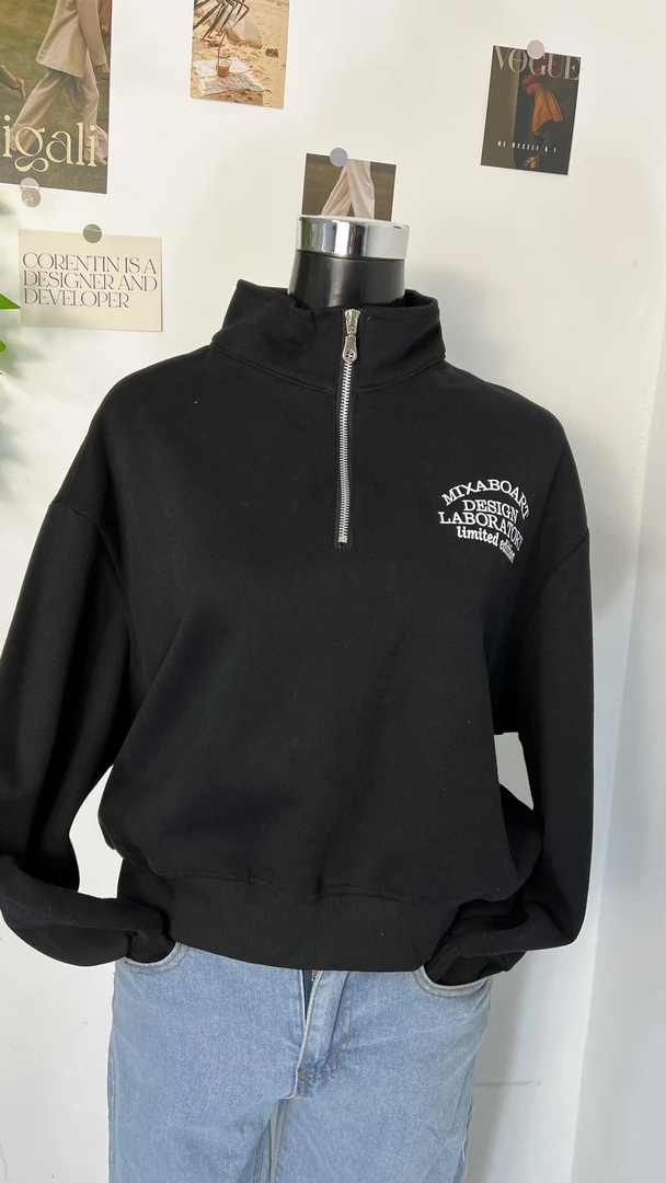 夏季女黑色时尚半拉链套头立领卫衣外套