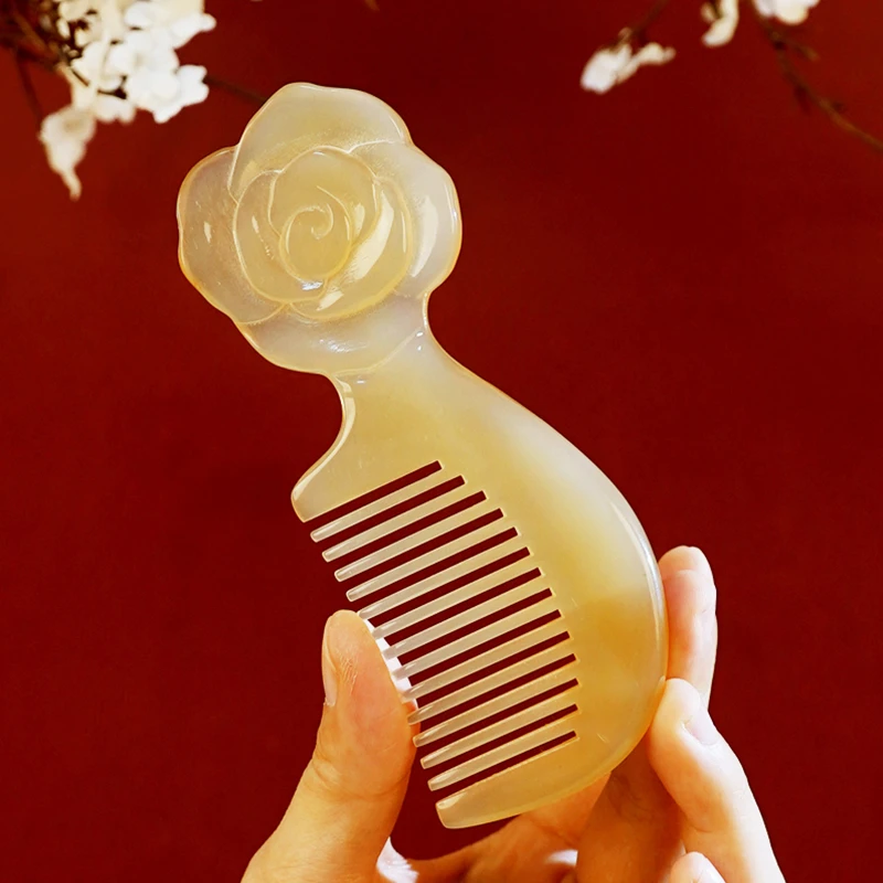 【庄生晓梦】天然羊角玫瑰花雕花手柄包包梳家用便携女士防脱防静电