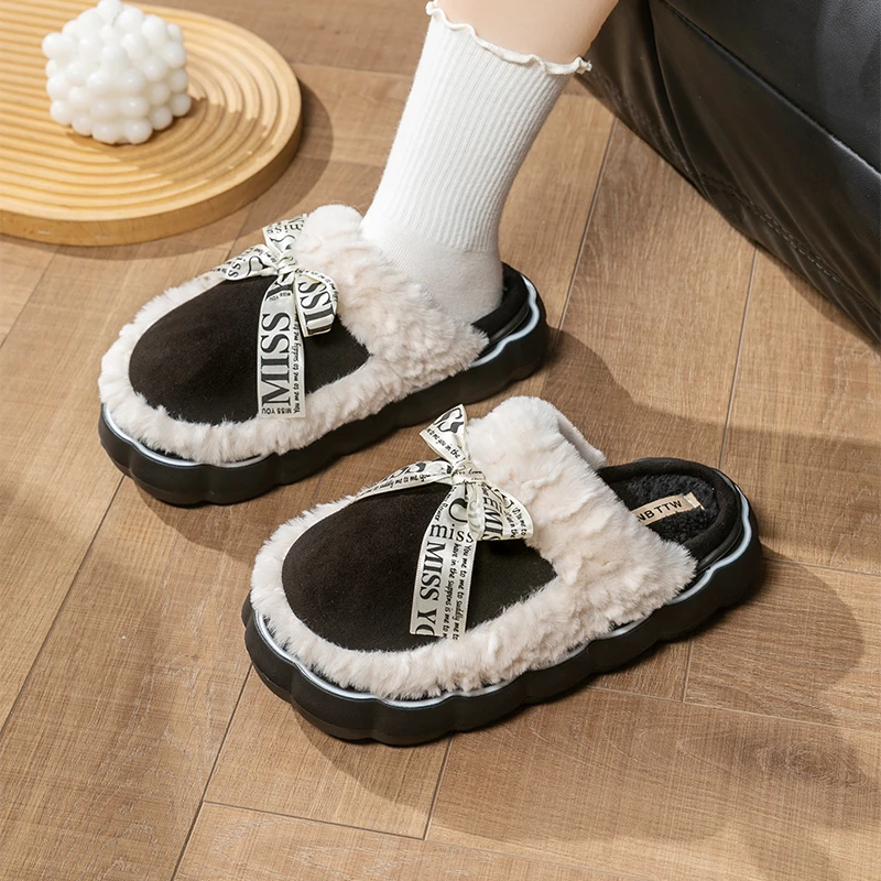 秋冬季卡通可爱风蝴蝶结加厚毛绒厚底防滑保暖居家棉拖鞋女情侣款