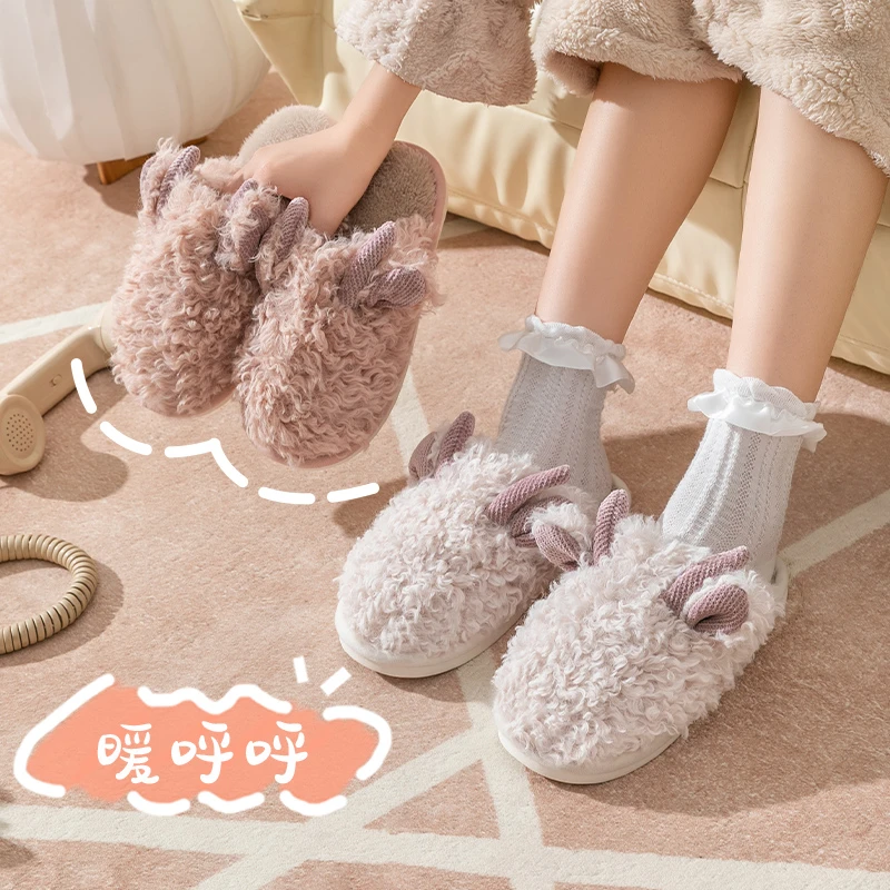 加绒秋冬款棉拖鞋女简约可爱卡通网红防滑居家毛绒棉拖鞋情侣冬季