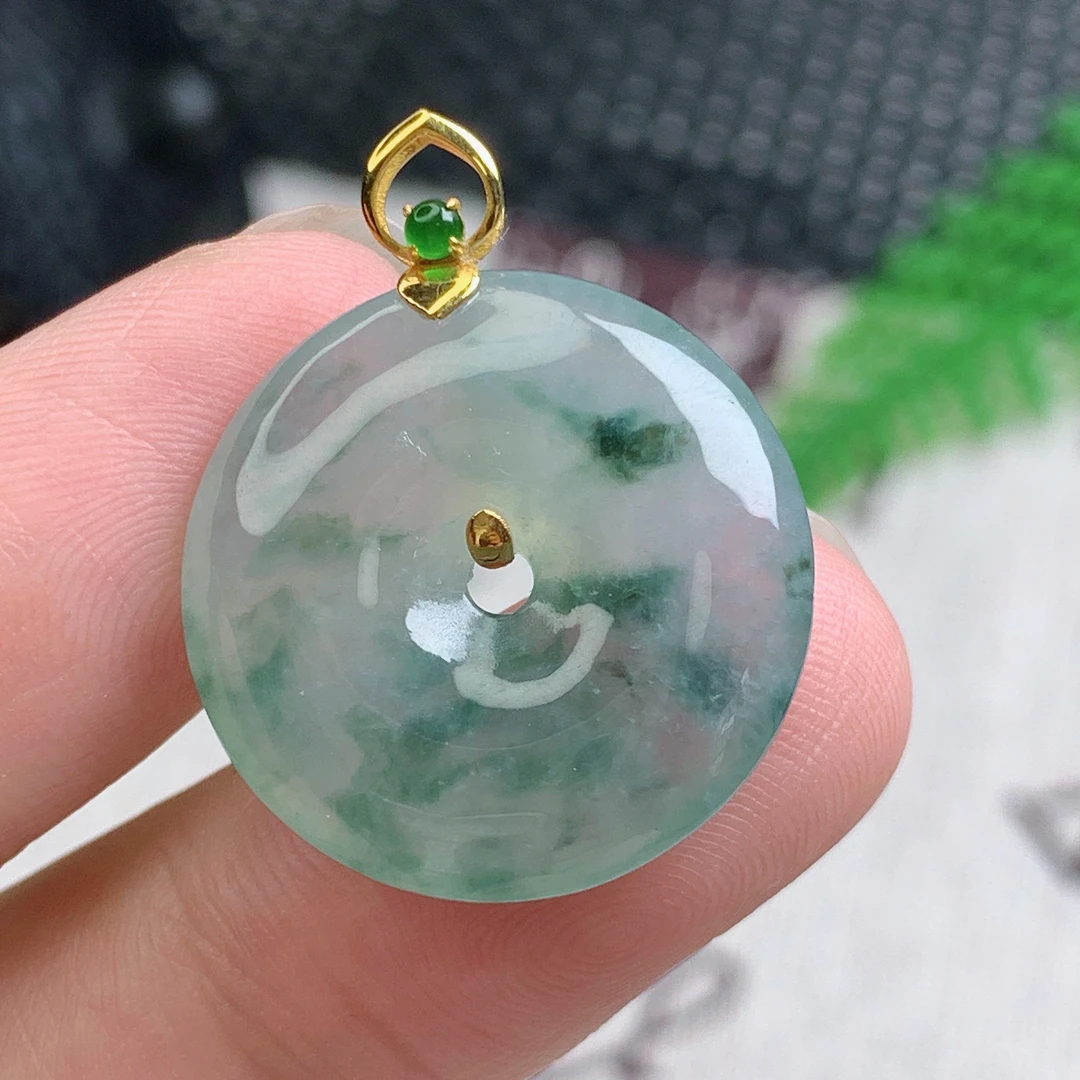 0910天然缅甸翡翠A货 翡翠平安扣挂件玉平安扣吊坠冰飘花18K金