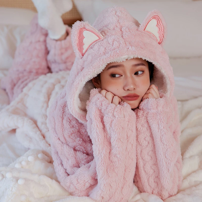 冬季新款加厚保暖法兰绒连帽睡衣女可爱粉色狐狸珊瑚绒家居服套装