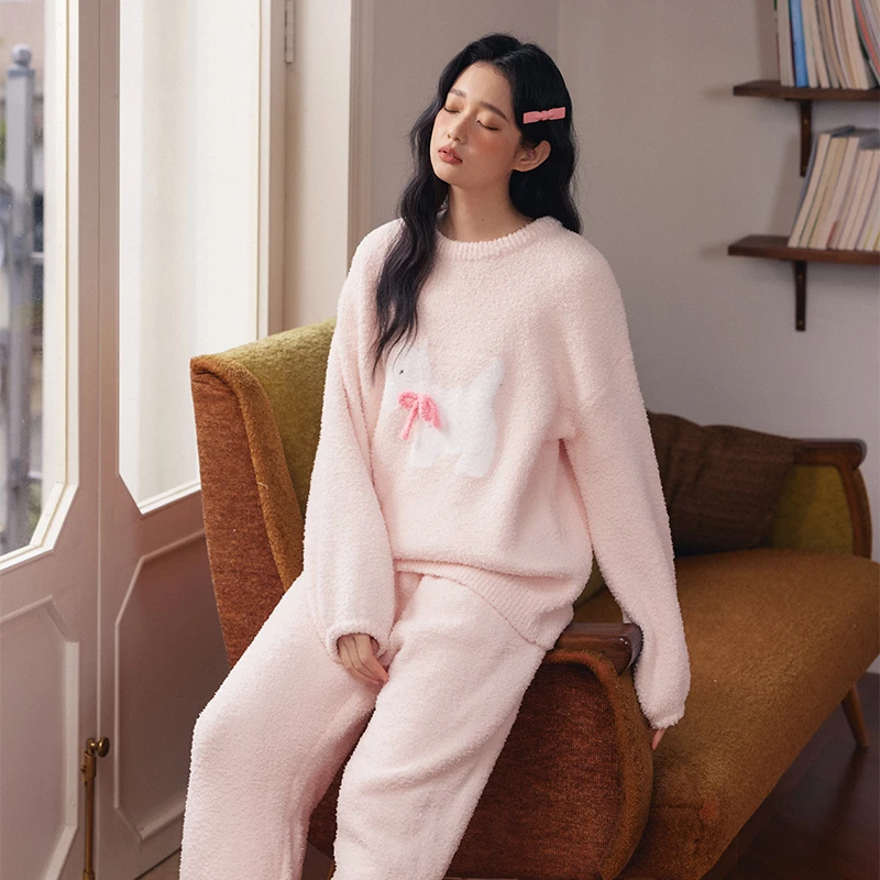 防静电大弹力A类圆领半边绒睡衣女粉色小狗狗防风保暖家居服套装