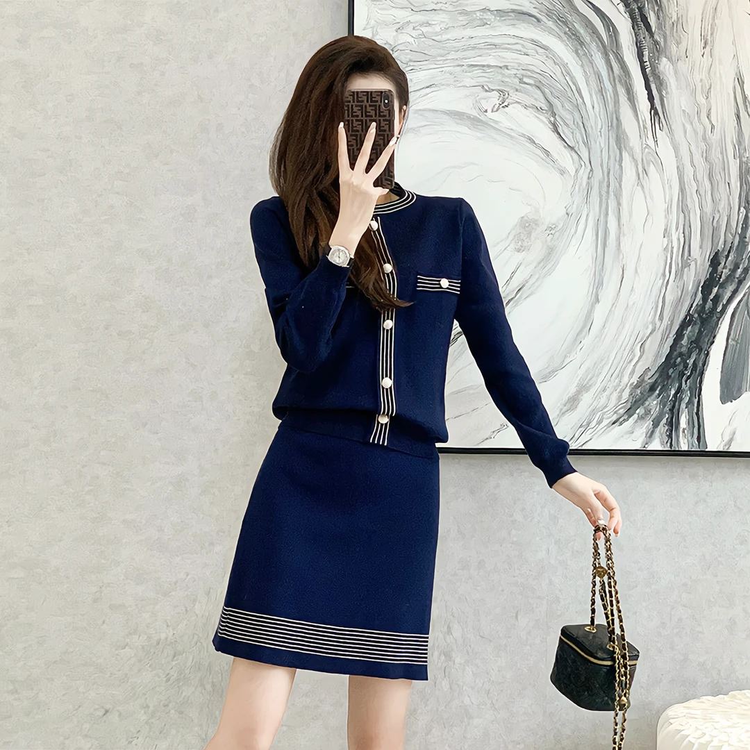 时尚小香风针织两件套装裙2025秋冬季新款休闲气质显瘦半身裙套装