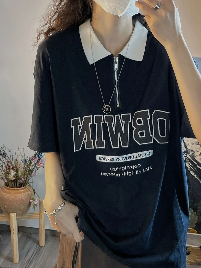 大码美式短袖t恤宽松Polo拉链老钱酷飒风女装高级感夏季黑色上衣