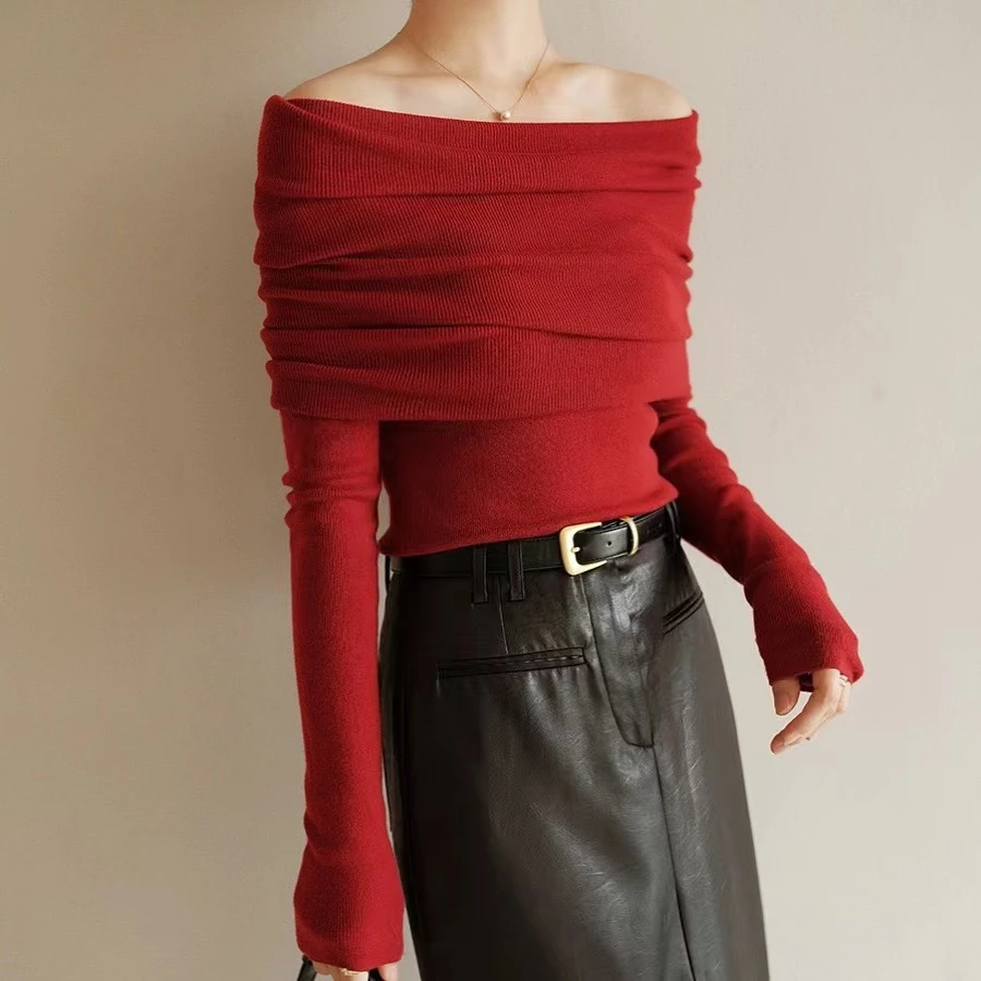 法式温柔翻折一字肩上衣羊毛混纺针织衫女秋时尚