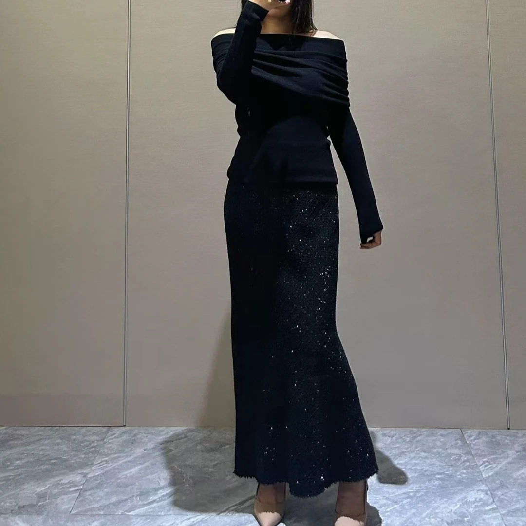 小香风亮丝粗花呢半身裙高腰斜裁修身显瘦长款半裙秋冬