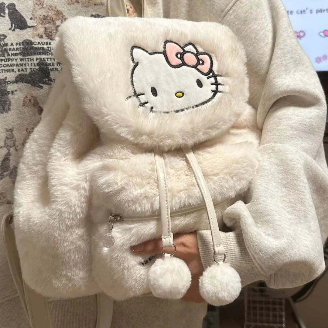 三丽鸥毛绒翻盖双肩包女休闲2024新款大容量可爱书包背包
