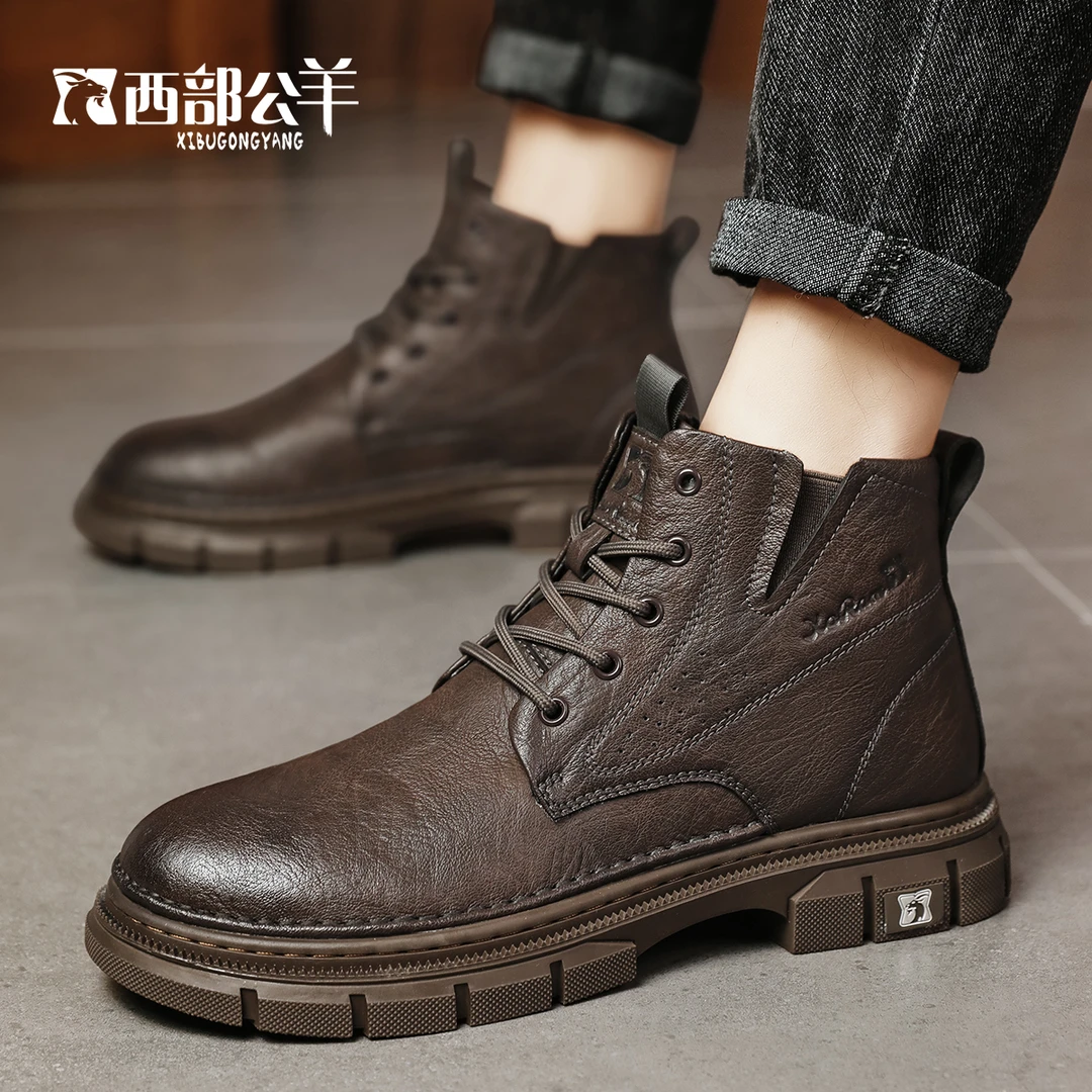 西部公羊男靴秋冬加绒百搭英马丁靴爆款冬季新款工装时尚男鞋冬季