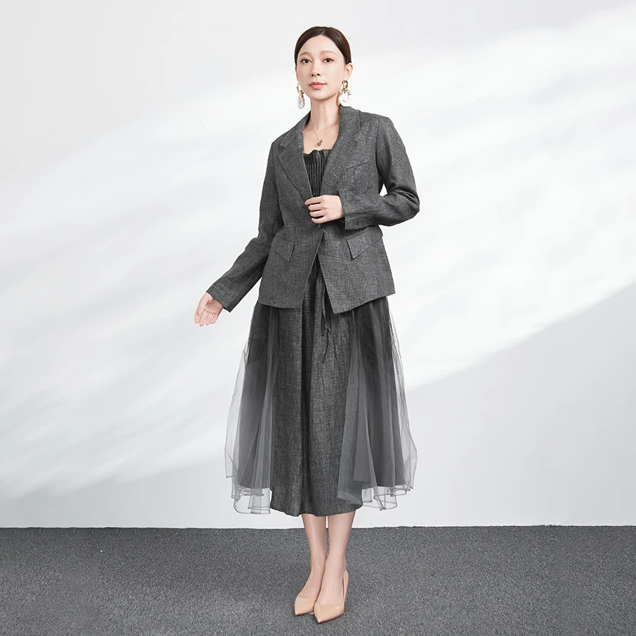 S·DEER圣迪奥女装简约时尚百搭气质休闲设计师灰色女士套装连衣裙