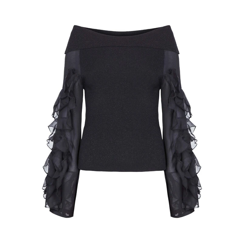 S·DEER圣迪奥时尚荷叶边气质衬衫不规则秋冬季针织上衣S233Z3532