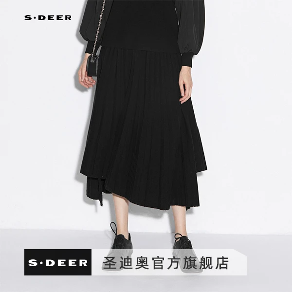 S·DEER高端最新款时尚个性通勤百搭松紧腰身不规则针织黑色长裙