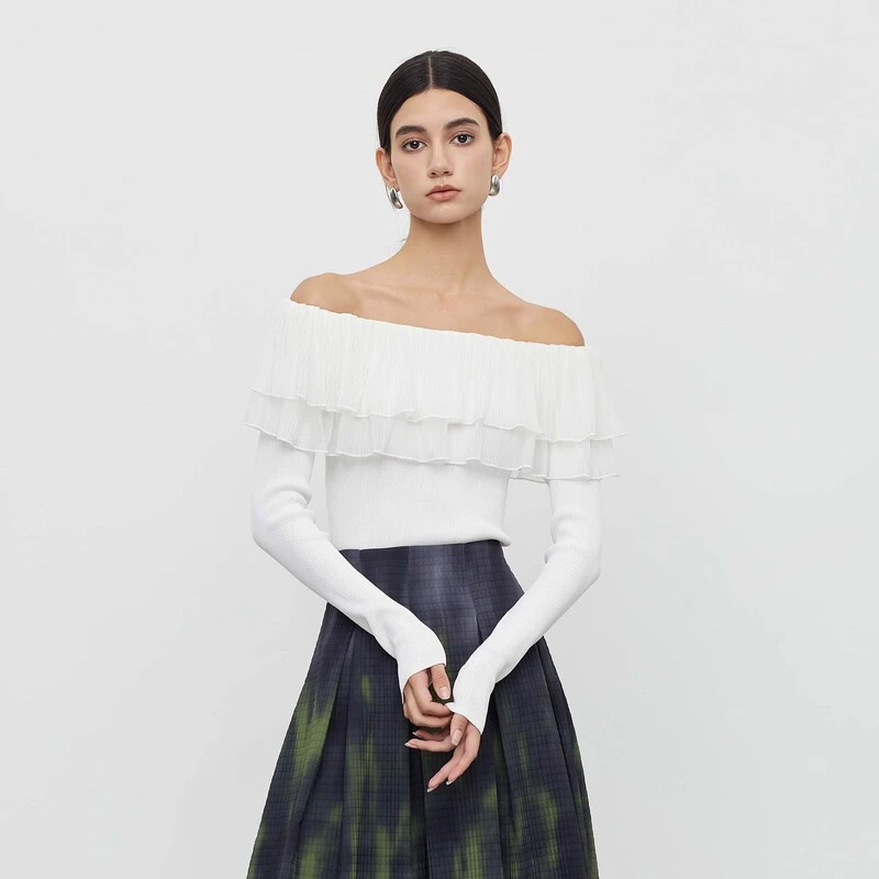 S·DEER圣迪奥女装优雅圆领荷叶边修身打底针织衫S233D3502