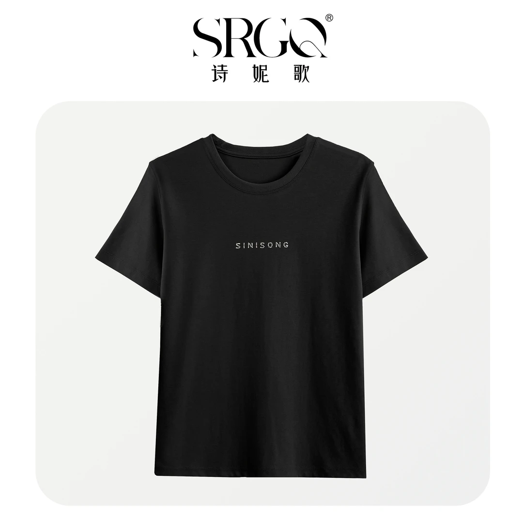 诗妮歌H春夏系列”如风环绕“女式烫钻蚕丝圆领T恤时尚百搭X-G7005