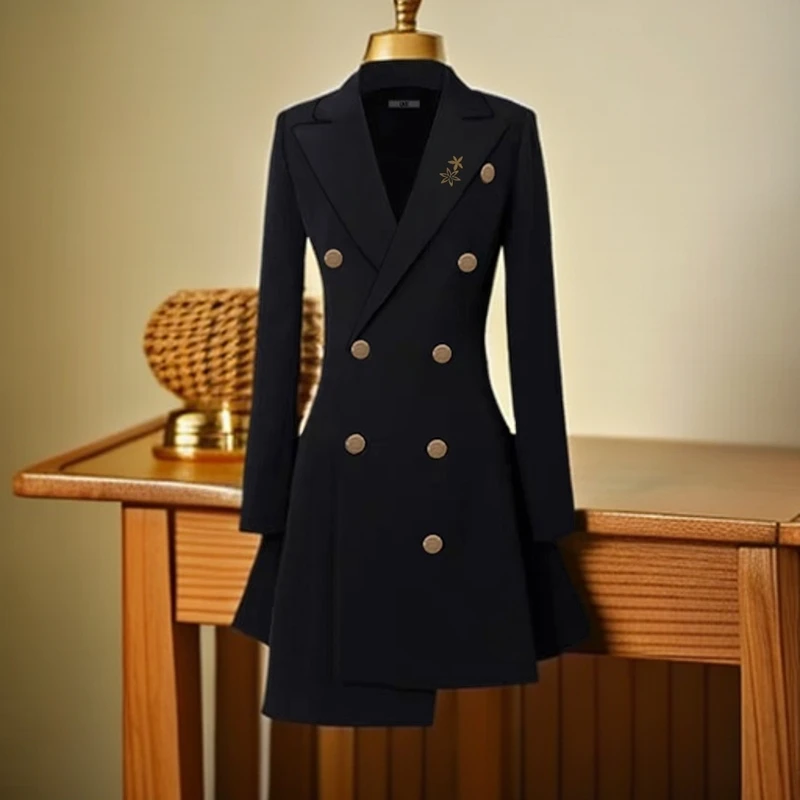 黑色双排扣连衣裙不规则下摆女士春秋季高腰显瘦599470