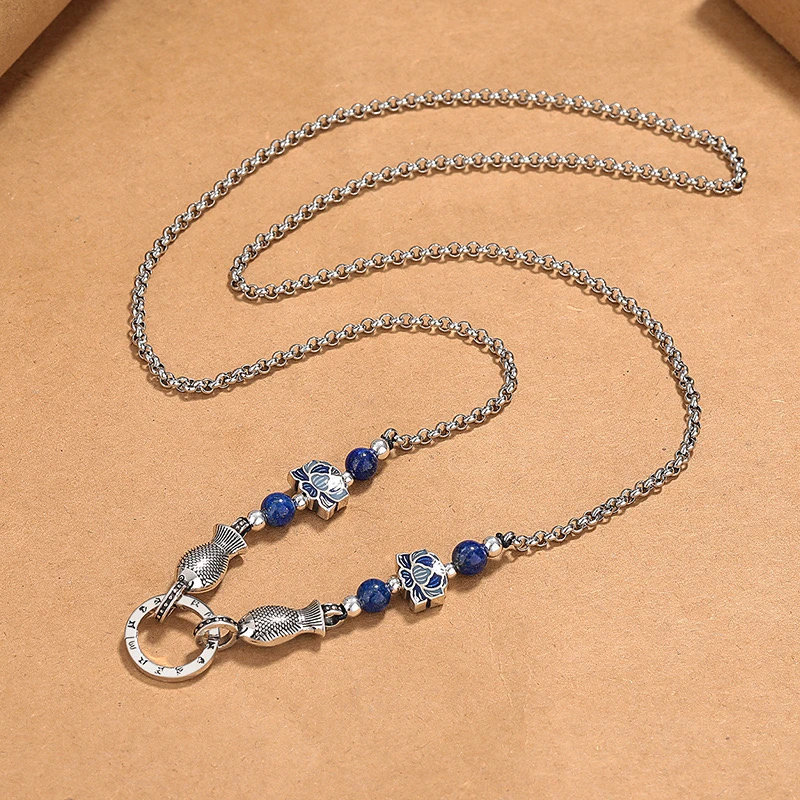 坠链均925银 纯银青金双鱼莲花项链女万能扣双面复古长款毛衣气质