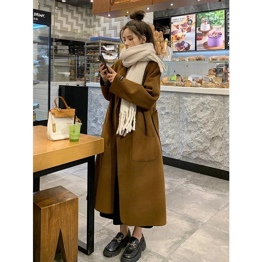 【大衣】双面呢韩版大衣腰带款百搭显瘦气质毛呢长款秋冬季大衣外套