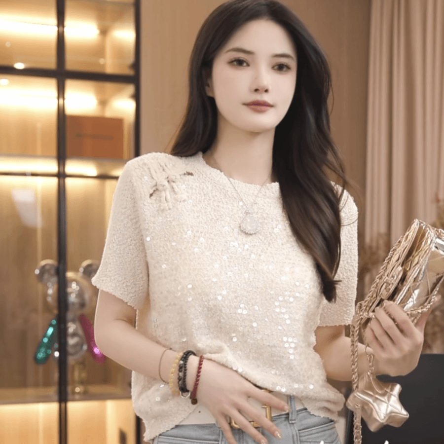春夏新款复古时尚亮片软糯针织衫上衣女高级小众圆领盘扣短袖t恤