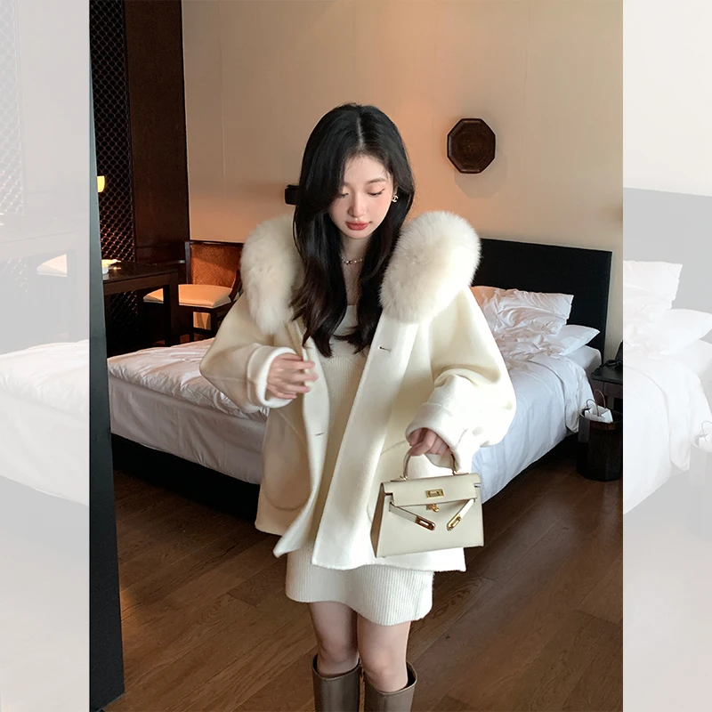 大娇Mayswear偷偷藏不住韩系小个子秋冬狐狸毛毛领连帽双面呢大衣