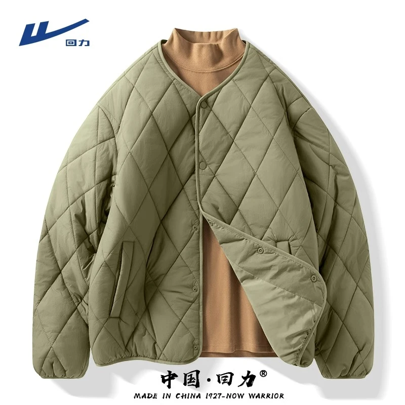 回力棉衣外套男士秋冬东北轻便保暖叠穿防寒服纯色菱形格无领棉服