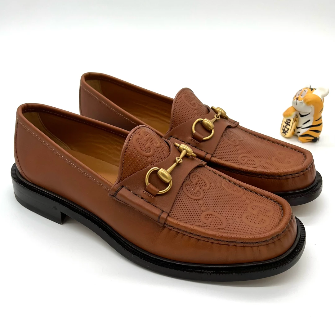 未使用 GUCCI/古驰 男士棕色老花 乐福鞋 马衔扣 正装皮鞋 多尺码