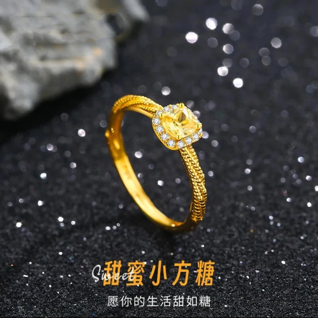 钛钢合成锆石戒指 2024网红爆款小方糖戒指可调节轻奢气质不掉色