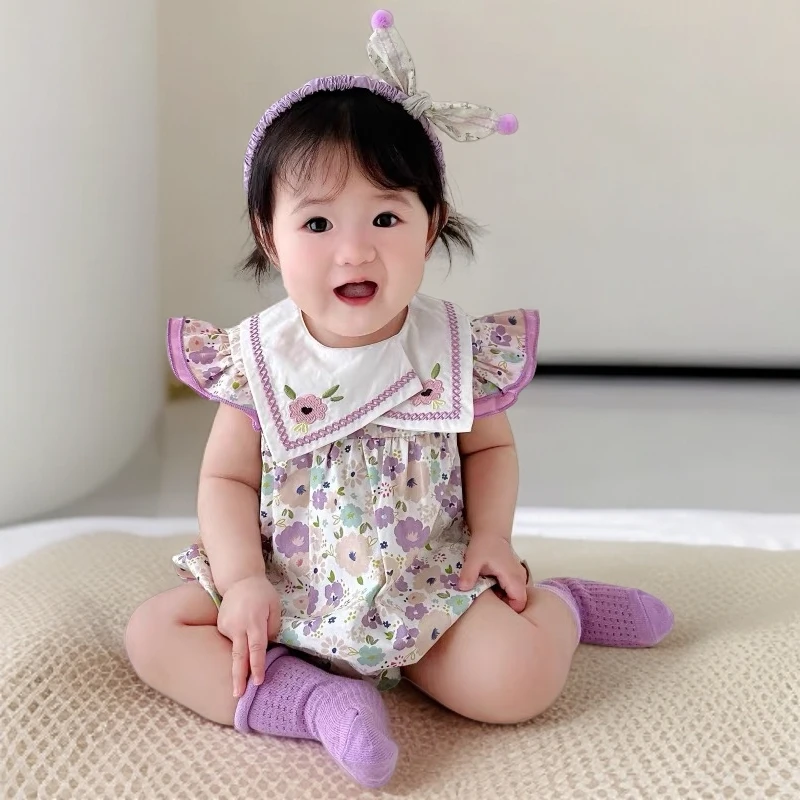 夏装女宝宝碎花连体衣婴儿满月三角哈衣公主小飞袖爬爬服百天夏款