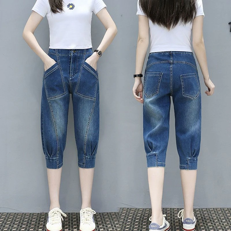 七分牛仔裤女薄款2023夏季新款大码胖MM松紧高腰宽松哈伦束脚裤子