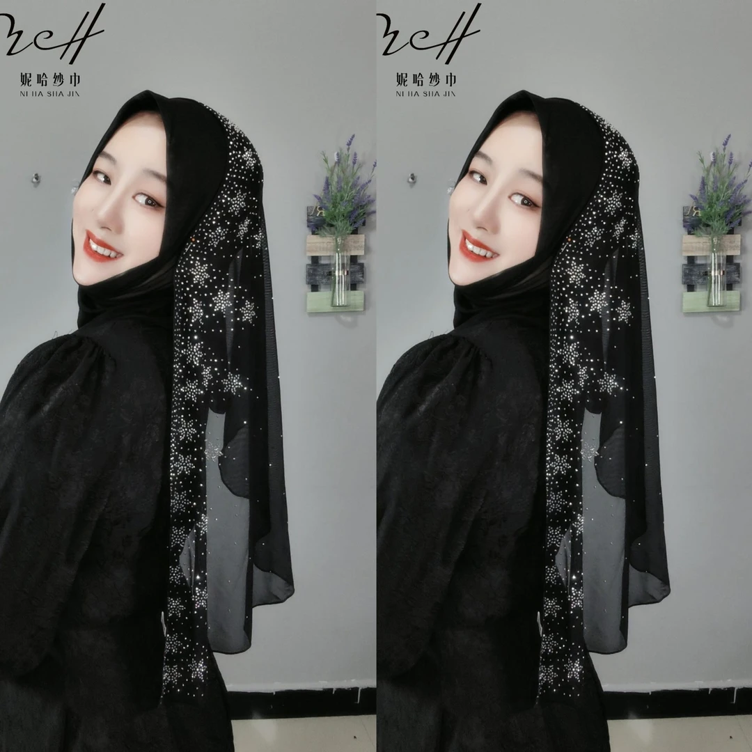 NI HA SHA JIN妮哈纱巾工厂（繁花烫钻纱网软帽檐绕巾）新款头巾