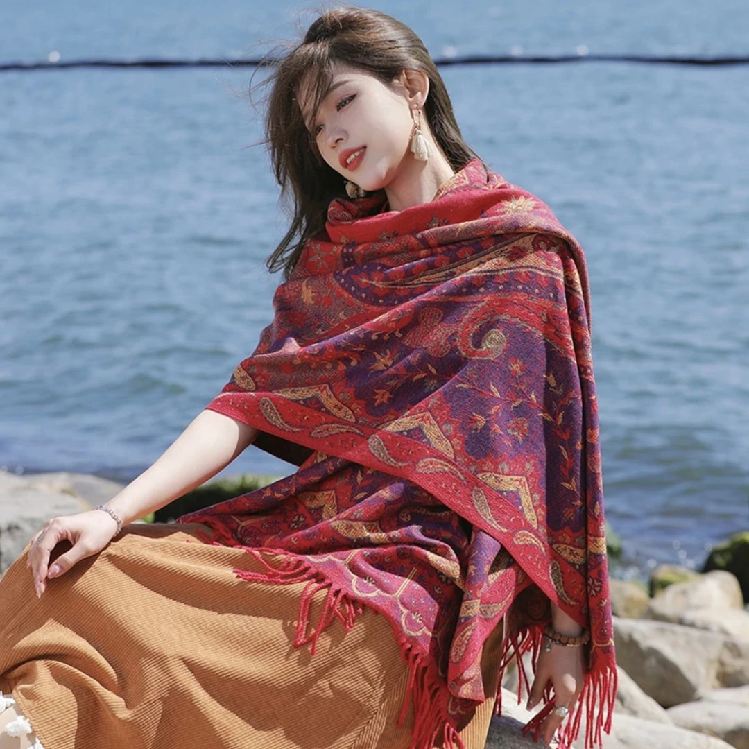 LP羊绒国王的礼物民族风披肩腰果花保暖拍照披风外搭